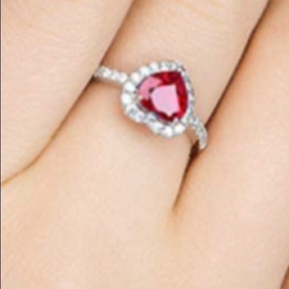 925 Red Ruby Heart Shape Gemstone Sterling Silver Wedding Rings - Picture 3 of 5